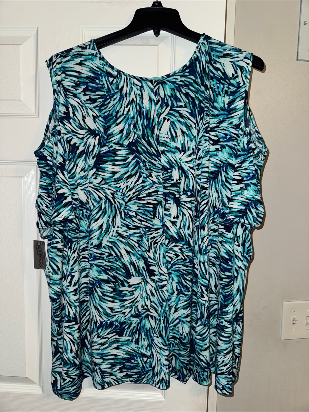 Catherines Teal and Blue Leaf-Print Cold-Shoulder Blouse - Picture 5 of 5